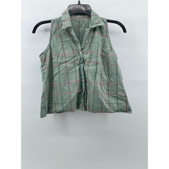 Unbranded Tops - UNBRANDED Women's Green Windowpane Collared Button-Up Sleeveless Cropped Top SZS